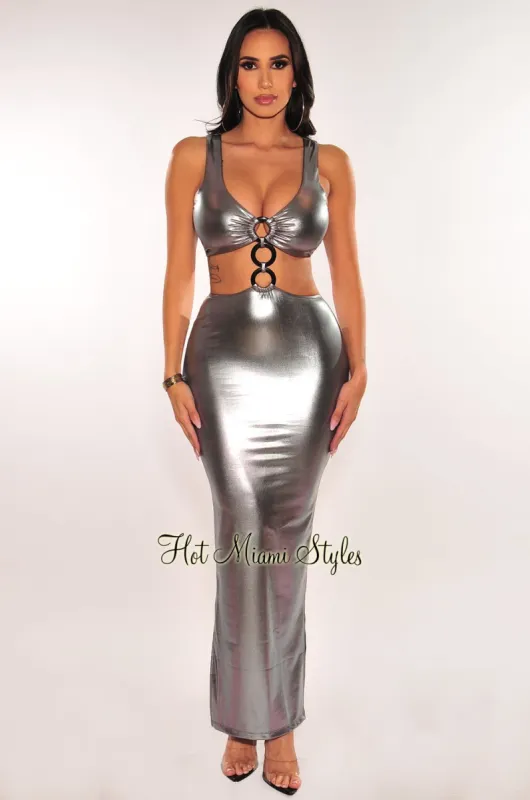 Silver Chrome O-Ring Sleeveless Cut Out Double Slit Dress sold by Hot Miami Styles