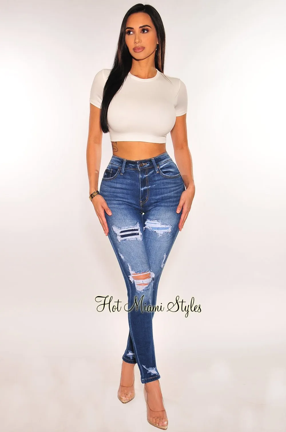 Dark Denim High Rise Skinny Ankle Ripped Jeans sold by Hot Miami Styles