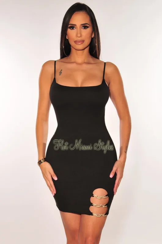 Black Spaghetti Straps Gold Chain Mini Dress sold by Hot Miami Styles