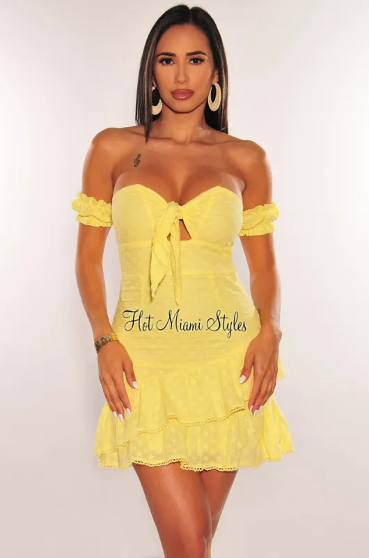Yellow Floral Embroidered Off Shoulder Ruffle Cut Out Tie Up Mini Dress sold by Hot Miami Styles