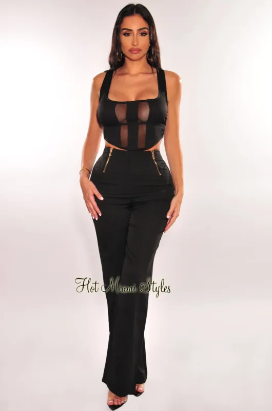 Black Mesh Sleeveless Gold Zipper Palazzo Pants Two Piece Set sold by Hot Miami Styles