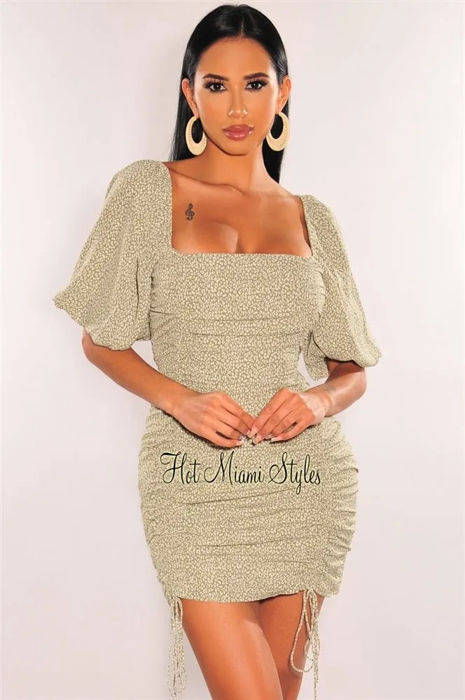 Sage Print Short Balloon Sleeve Smocked Ruched Dress sold by Hot Miami Styles