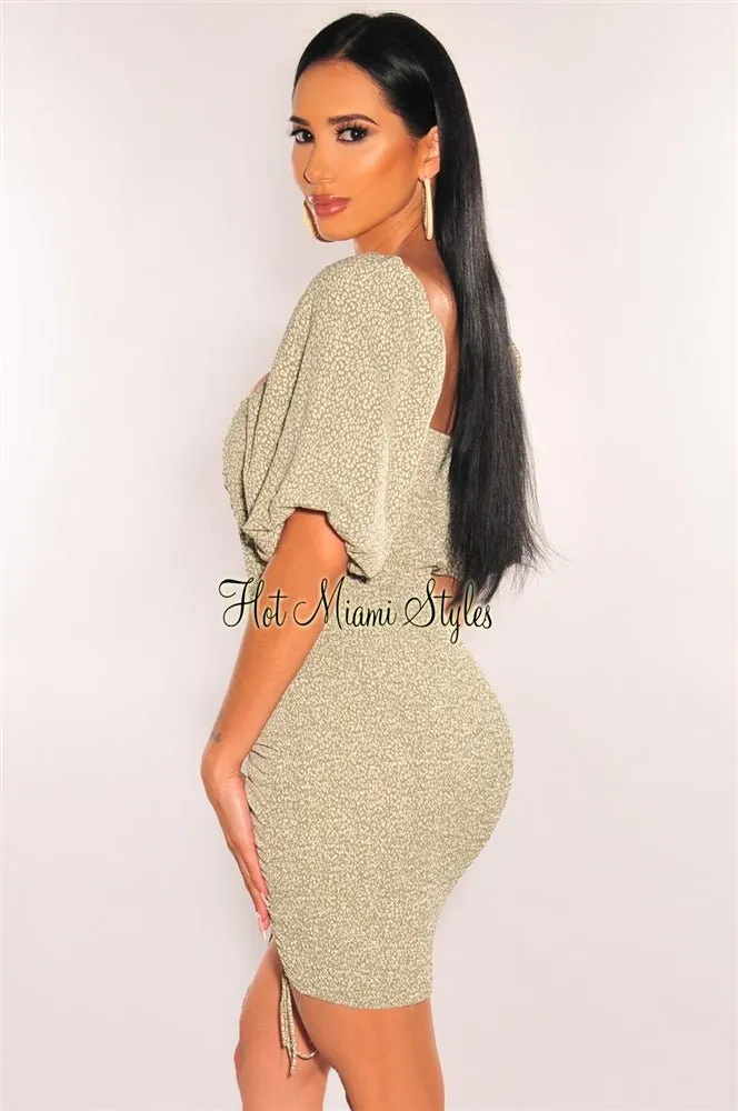 Sage Print Short Balloon Sleeve Smocked Ruched Dress sold by Hot Miami Styles product image thumbnail 2