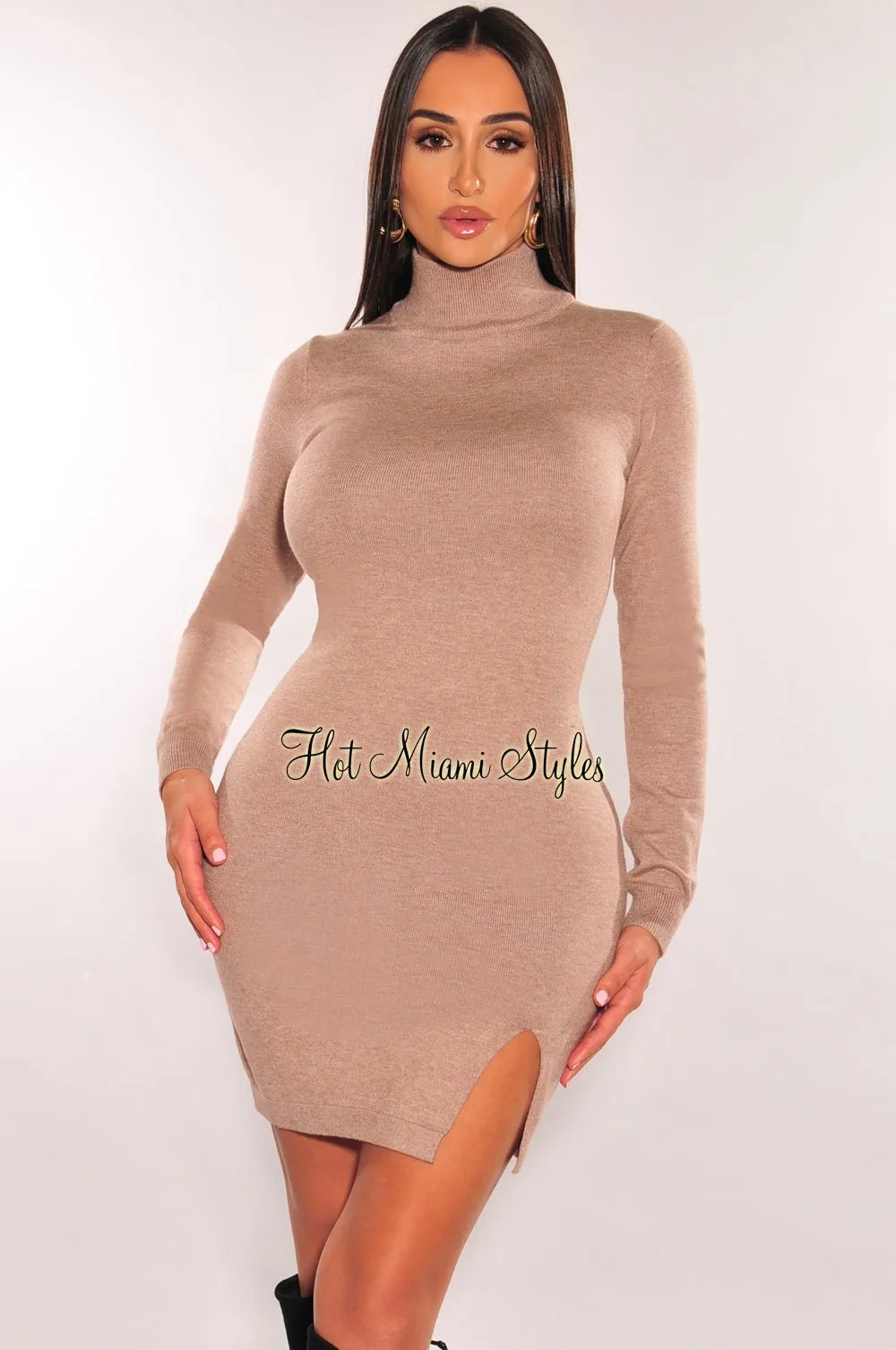 Taupe Ribbed Knit Turtleneck Long Sleeve Sweater Dress sold by Hot Miami Styles