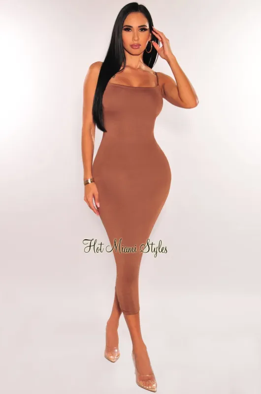 Chocolate Spaghetti Strap Square Neck Midi Dress sold by Hot Miami Styles