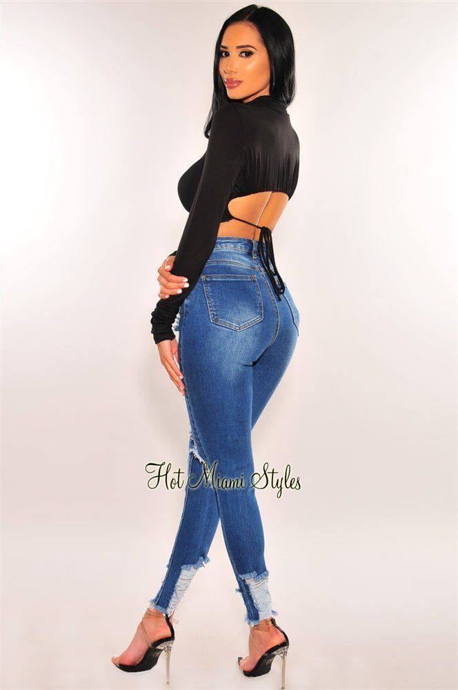 Dark Blue Denim Ripped Distressed Hem High Waist Skinny Jeans sold by Hot Miami Styles product image thumbnail 2