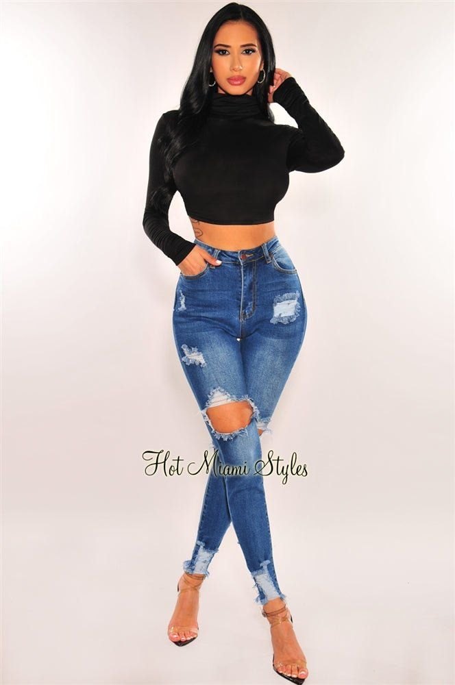 Dark Blue Denim Ripped Distressed Hem High Waist Skinny Jeans sold by Hot Miami Styles