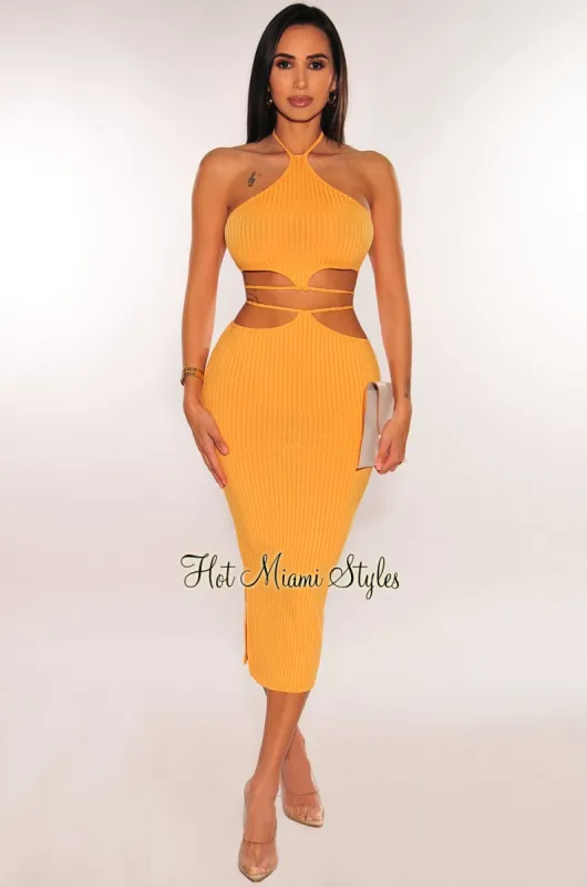 Melon Orange Ribbed Halter Cut Out Tie Up Skirt Two Piece Set sold by Hot Miami Styles