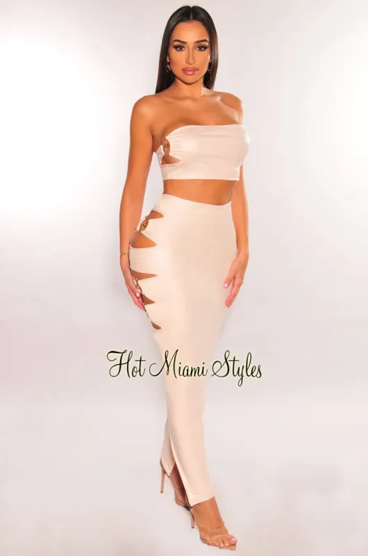 Nude Faux Leather Bandeau Gold Ring Cut Out Slit Skirt Two Piece Set sold by Hot Miami Styles