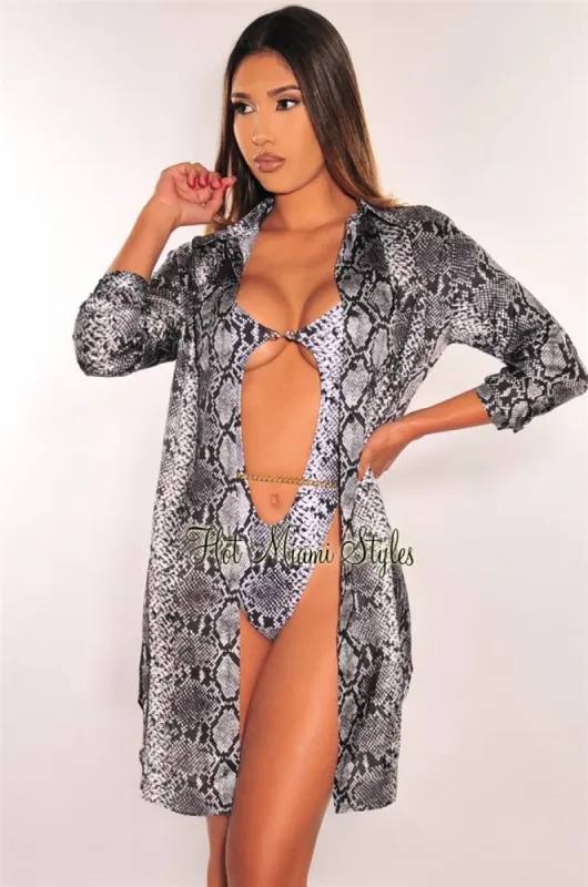 Black Snake Print Silky Collared Button Down Shirt Cover Up made by Hot Miami Styles
