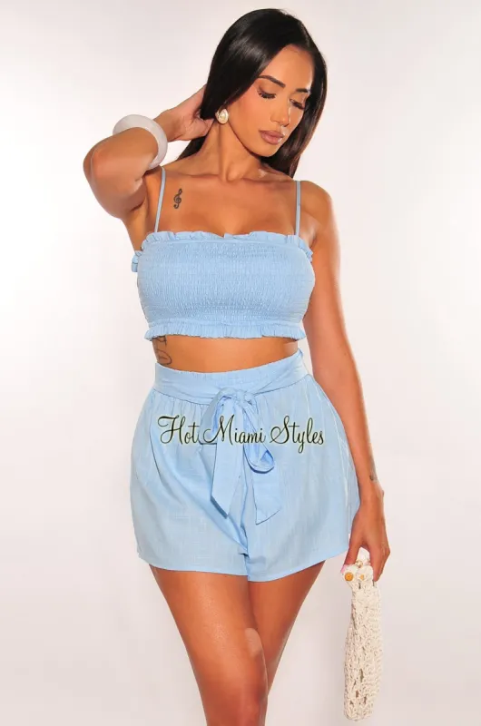 Sky Blue Smocked Linen Spaghetti Strap Shorts Two Piece Set sold by Hot Miami Styles