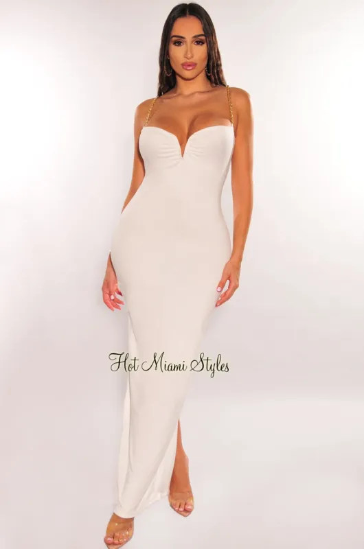 White Gold Chain Straps V Wired Back Slit Dress sold by Hot Miami Styles