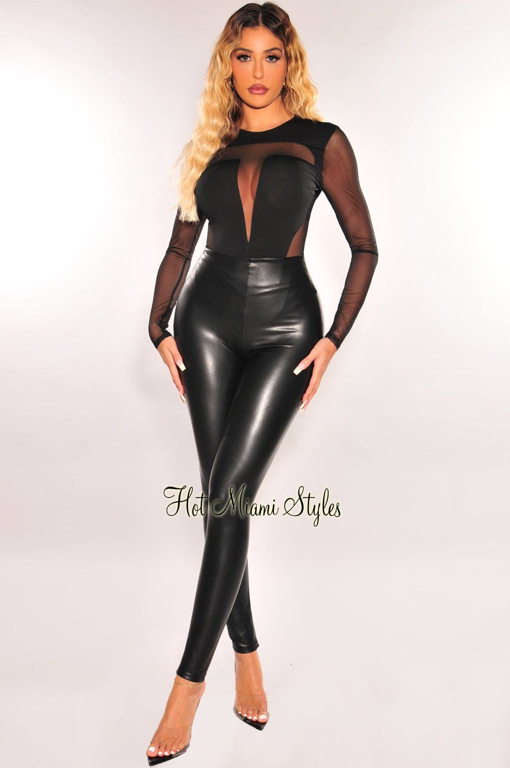 Black Mesh Round Neck Long Sleeve Bodysuit sold by Hot Miami Styles product image thumbnail 3
