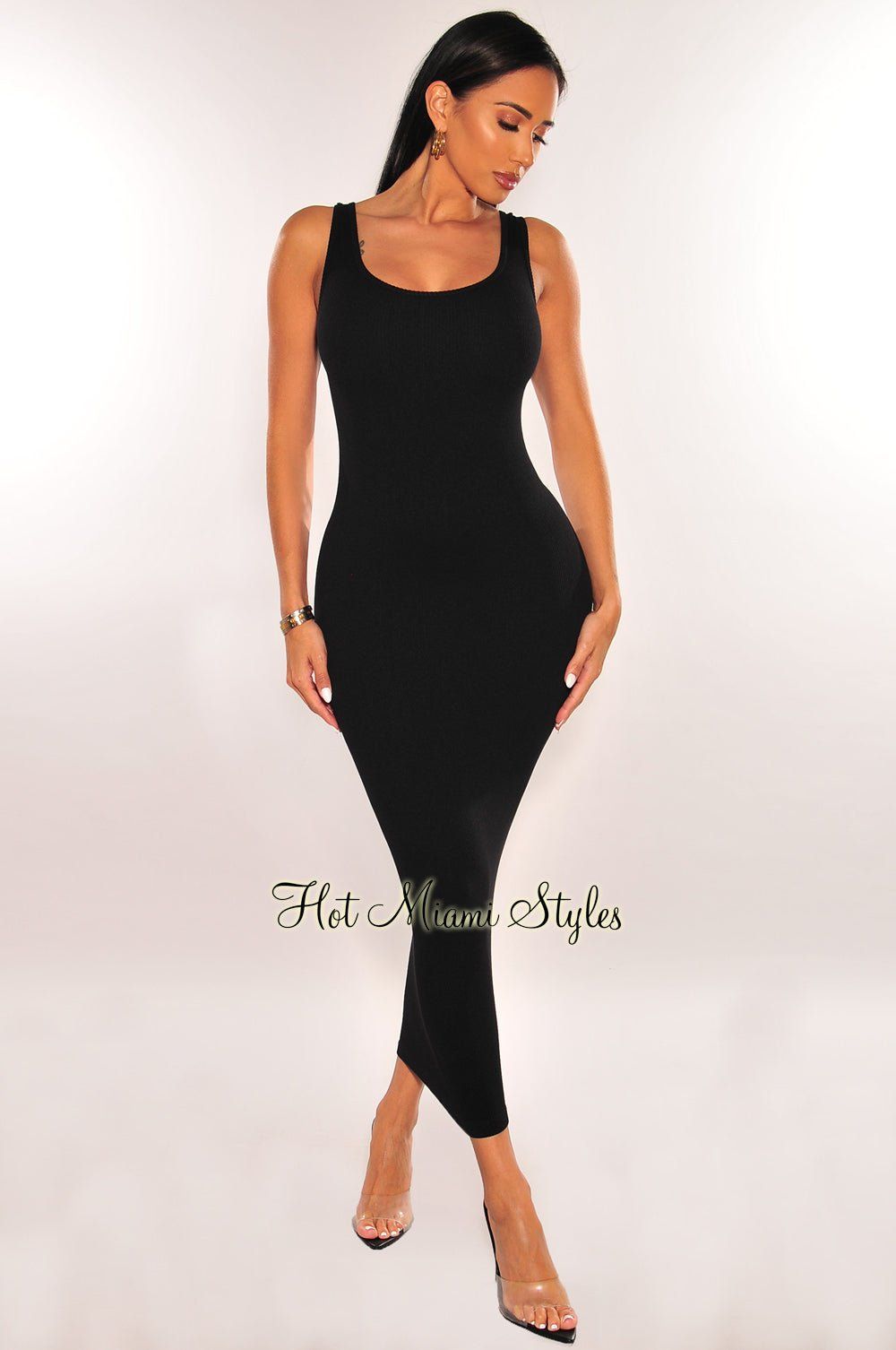 Black Ribbed Seamless Sleeveless Midi Dress sold by Hot Miami Styles