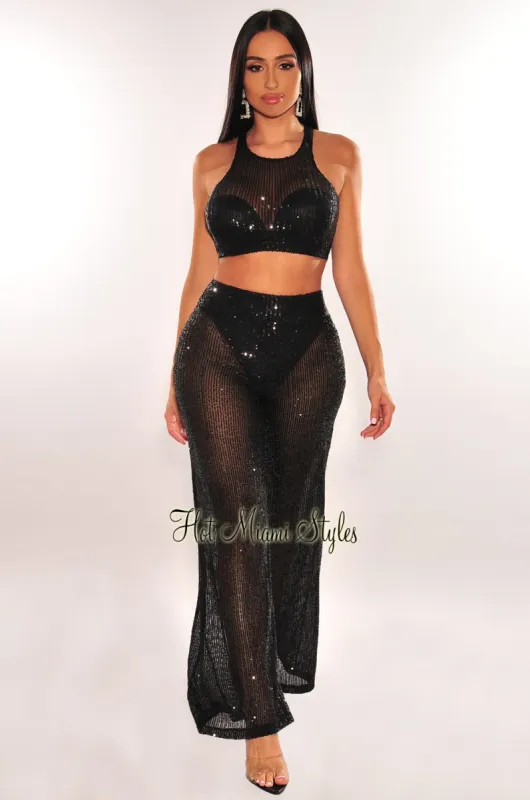 Black Sheer Sequins Halter Pants Two Piece Set sold by Hot Miami Styles