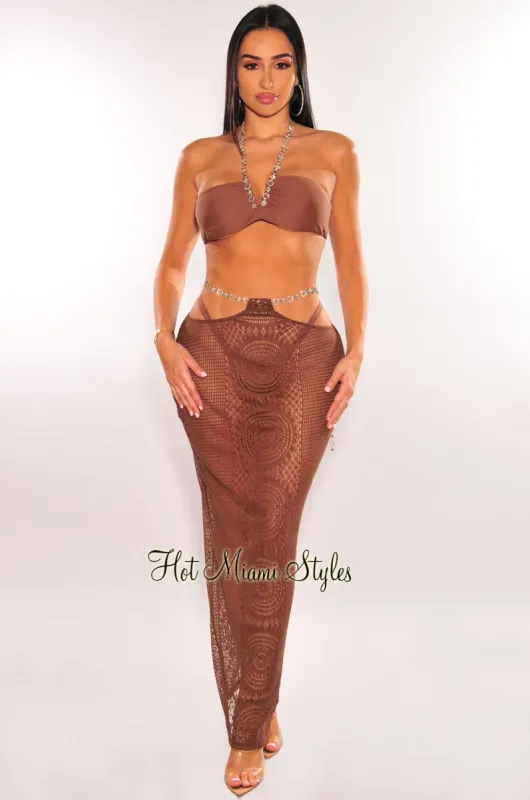 Chocolate Halter Jeweled Chain Bikini Skirt Three Piece Set sold by Hot Miami Styles