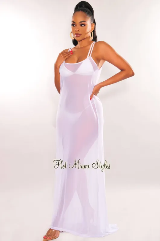White Mesh Sheer Spaghetti Straps Maxi Dress Cover Up sold by Hot Miami Styles