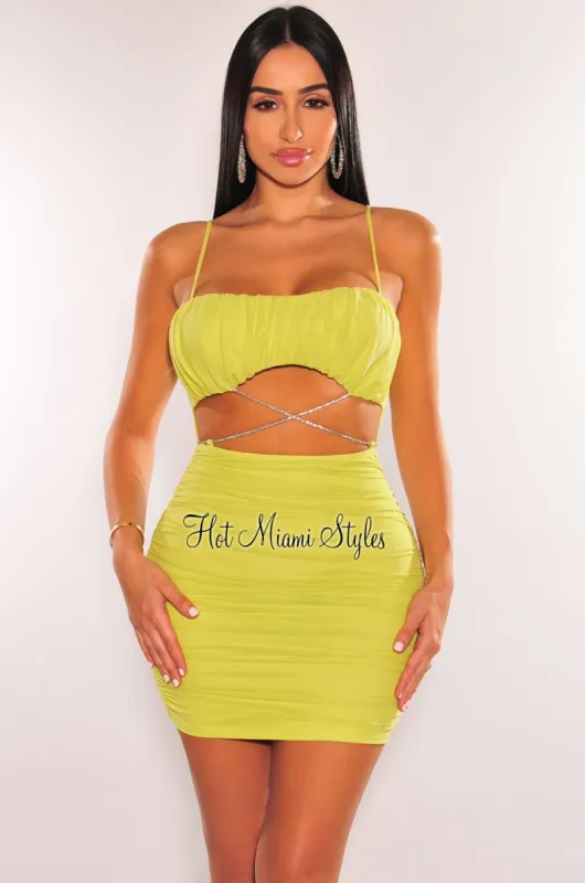 Lime Mesh Padded Spaghetti Strap Ruched Cut Out Wrap Around Rhinestone Dress sold by Hot Miami Styles