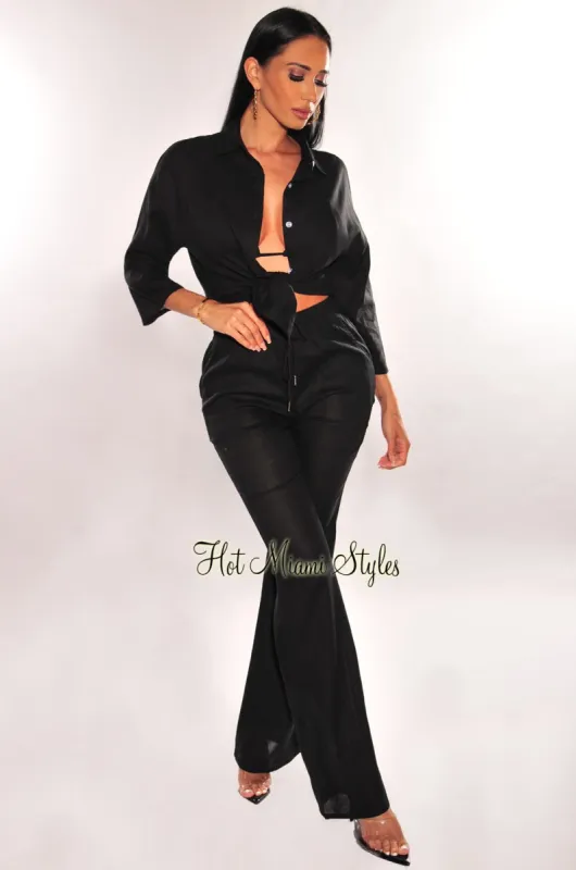 Black Linen Collared Button Up ¾ Sleeves Palazzo Pants Two Piece Set sold by Hot Miami Styles