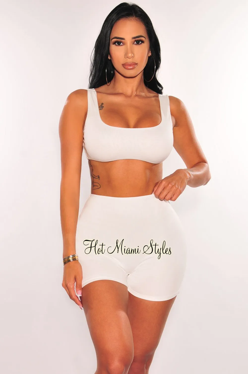 HMS Essential: White Crop Top Biker Shorts Two Piece Set sold by Hot Miami Styles product image thumbnail 5