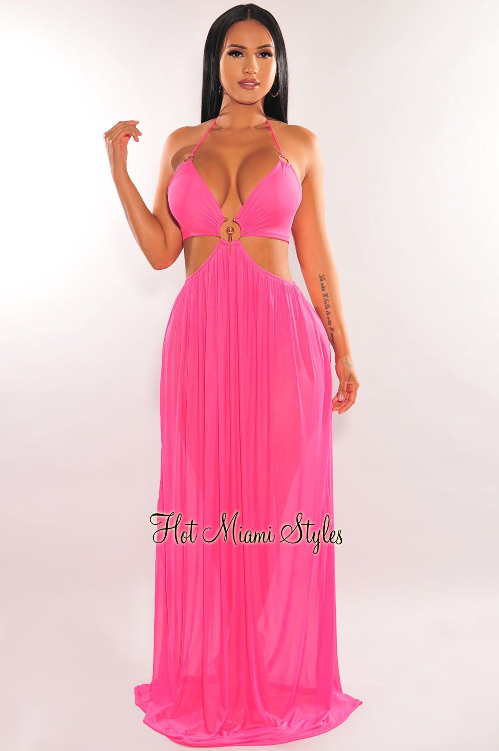 Fuchsia Halter Mesh O-Ring Cut Out Maxi Dress sold by Hot Miami Styles