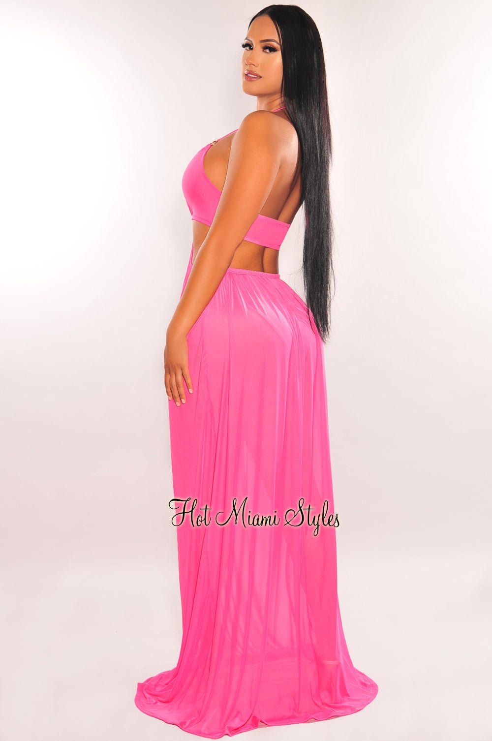 Fuchsia Halter Mesh O-Ring Cut Out Maxi Dress sold by Hot Miami Styles product image thumbnail 2