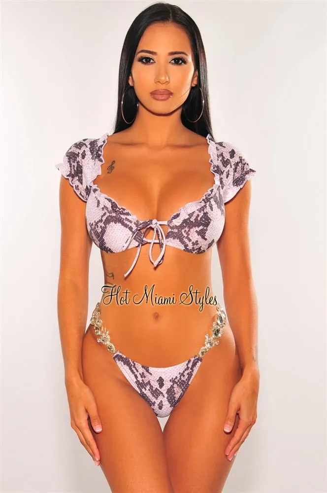 Brown Snake Print Ruffle Jeweled Scrunch Butt Bikini Bottom sold by Hot Miami Styles