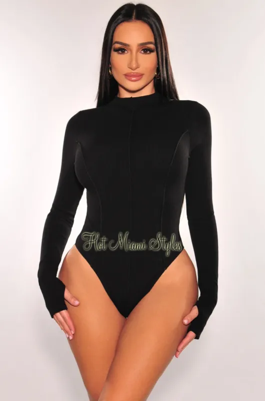 Black Ribbed Mock Neck Exposed Seams Long Sleeve Thong Bodysuit sold by Hot Miami Styles
