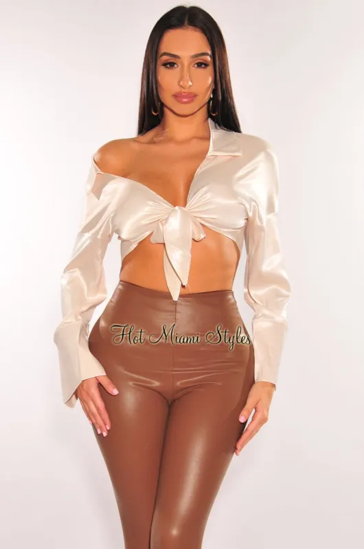 Cream Satin Off The Shoulder Collared Tie Up Long Sleeve Top sold by Hot Miami Styles