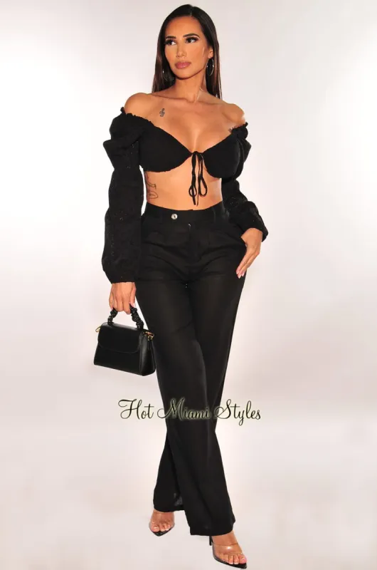 Black Peasant Tie Up Long Sleeve High Waist Palazzo Pant Two Piece Set sold by Hot Miami Styles