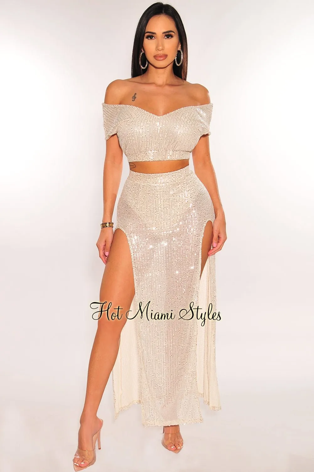 Champagne Sequins Sleeveless Double Slit Skirt Two Piece Set sold by Hot Miami Styles