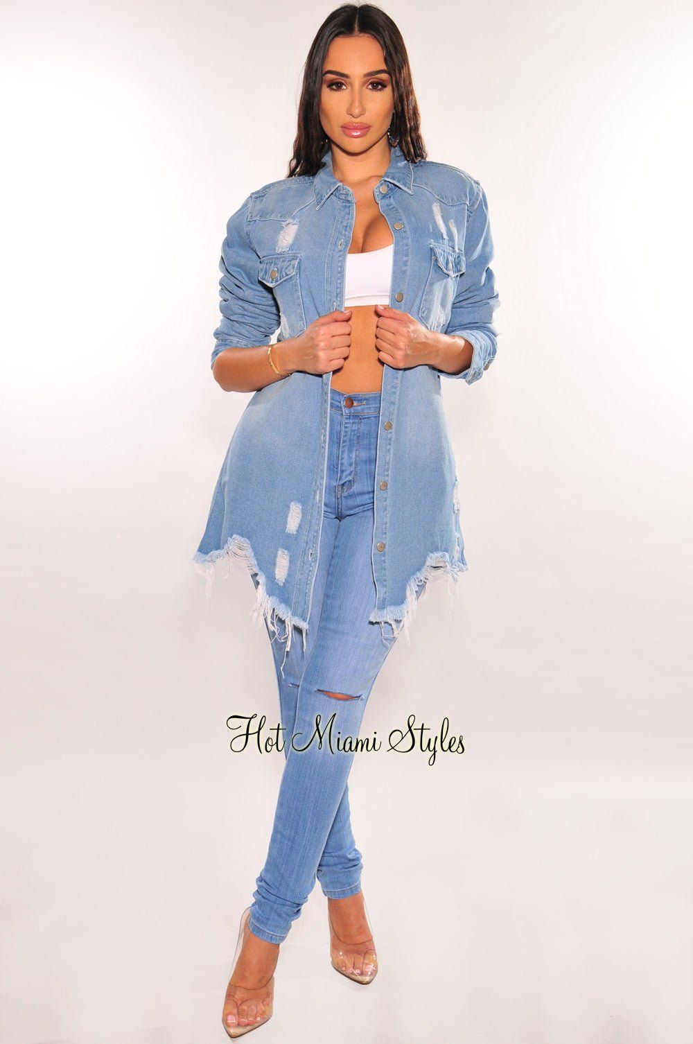 Denim Collared Button Up Distressed Jacket sold by Hot Miami Styles product image thumbnail 3