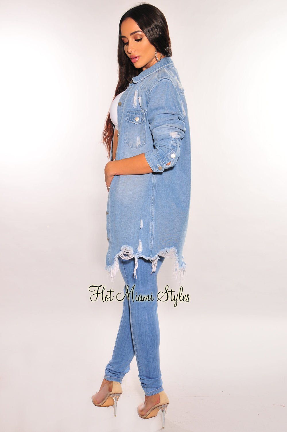 Denim Collared Button Up Distressed Jacket sold by Hot Miami Styles product image thumbnail 4