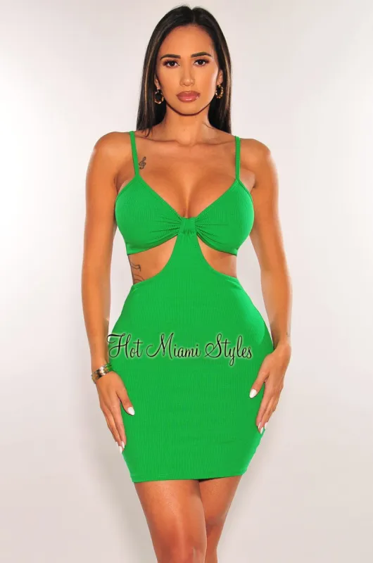 Kelly Green Ribbed Spaghetti Straps Knotted Cut Out Mini Dress sold by Hot Miami Styles