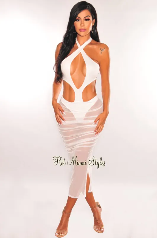 White Halter Tie Up Cut Out Mesh Ruched Dress sold by Hot Miami Styles