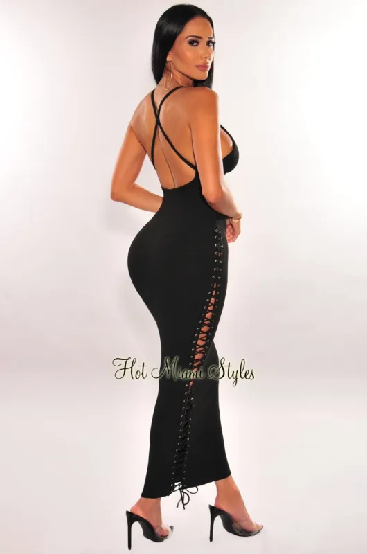 Black Ribbed Knit Criss Cross Back Lace Up Side Maxi Dress sold by Hot Miami Styles