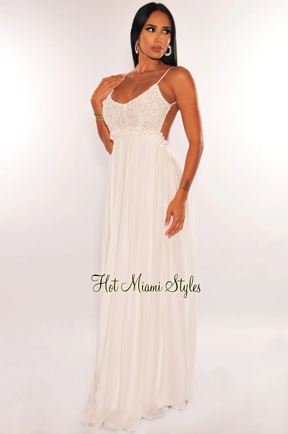 White Embroidered Crochet Spaghetti Strap Open Back Maxi Dress sold by Hot Miami Styles