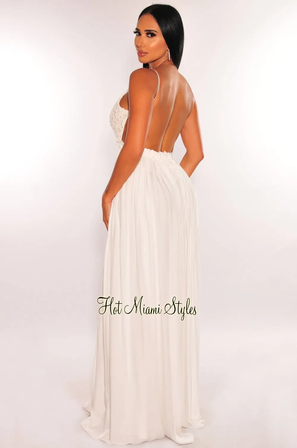 White Embroidered Crochet Spaghetti Strap Open Back Maxi Dress sold by Hot Miami Styles product image thumbnail 2