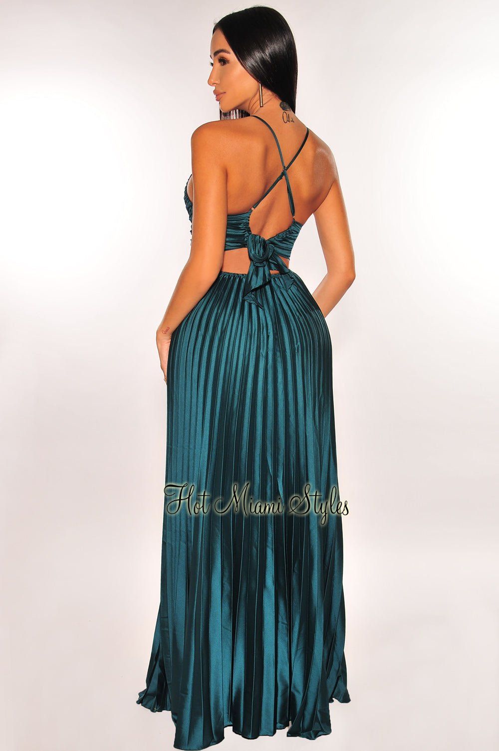 Emerald Satin Pleated Spaghetti Straps Maxi Dress sold by Hot Miami Styles product image thumbnail 3