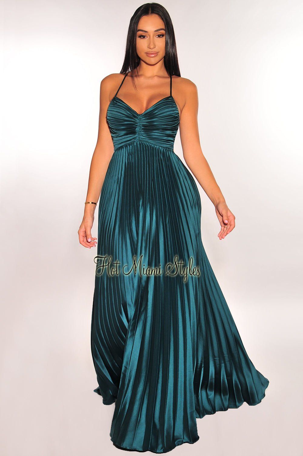 Emerald Satin Pleated Spaghetti Straps Maxi Dress sold by Hot Miami Styles
