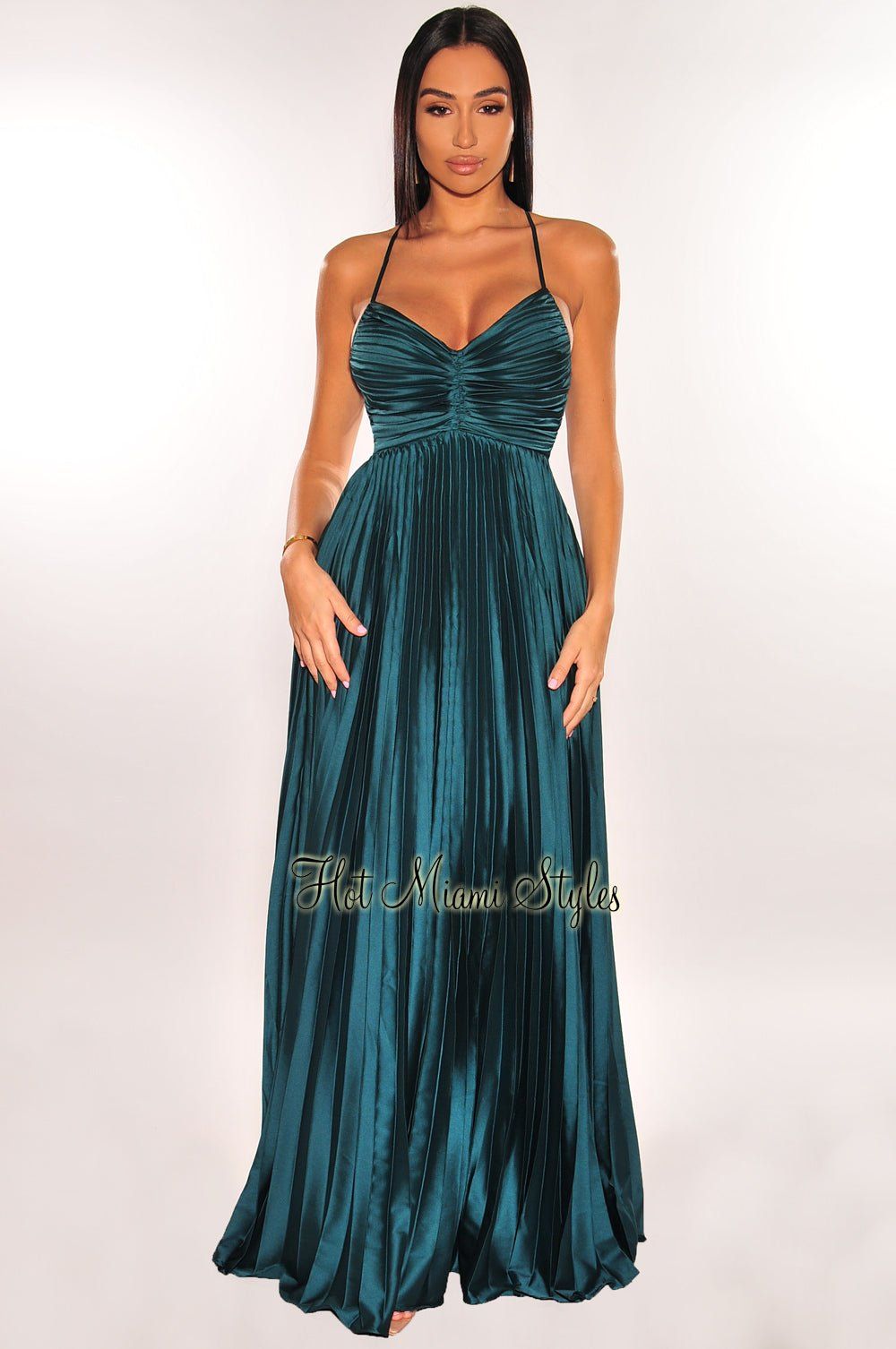 Emerald Satin Pleated Spaghetti Straps Maxi Dress sold by Hot Miami Styles product image thumbnail 2