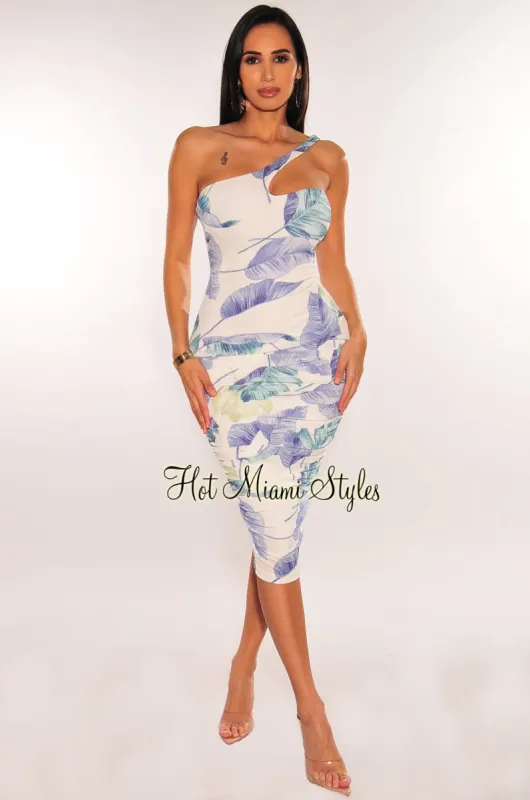 White Blue Green Floral Print One Shoulder Ruched Dress sold by Hot Miami Styles