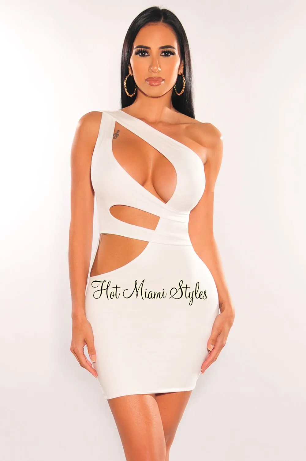 White One Shoulder Cut Out Mini Dress sold by Hot Miami Styles