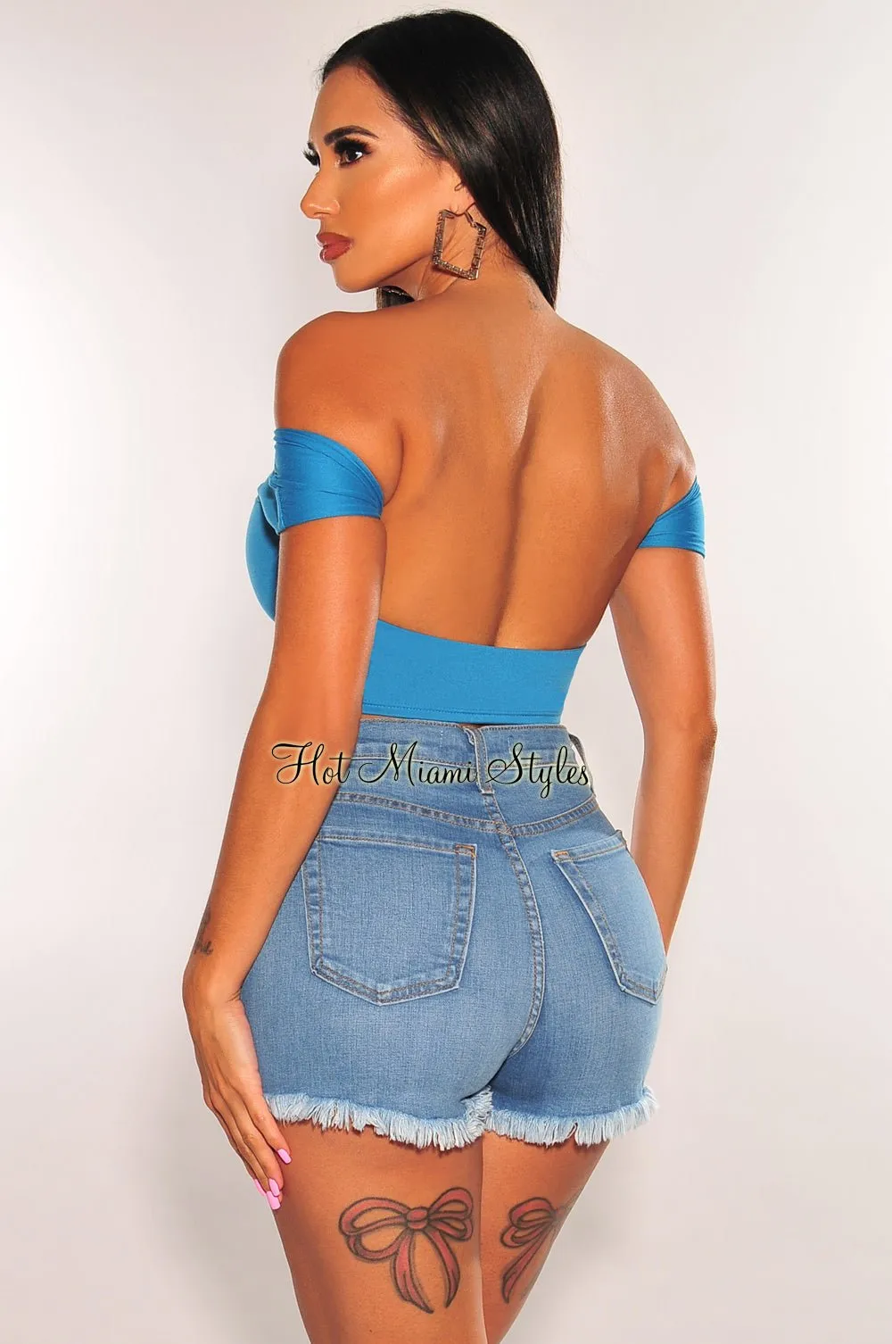 Teal Off Shoulder Open Back Crop Top sold by Hot Miami Styles product image thumbnail 2