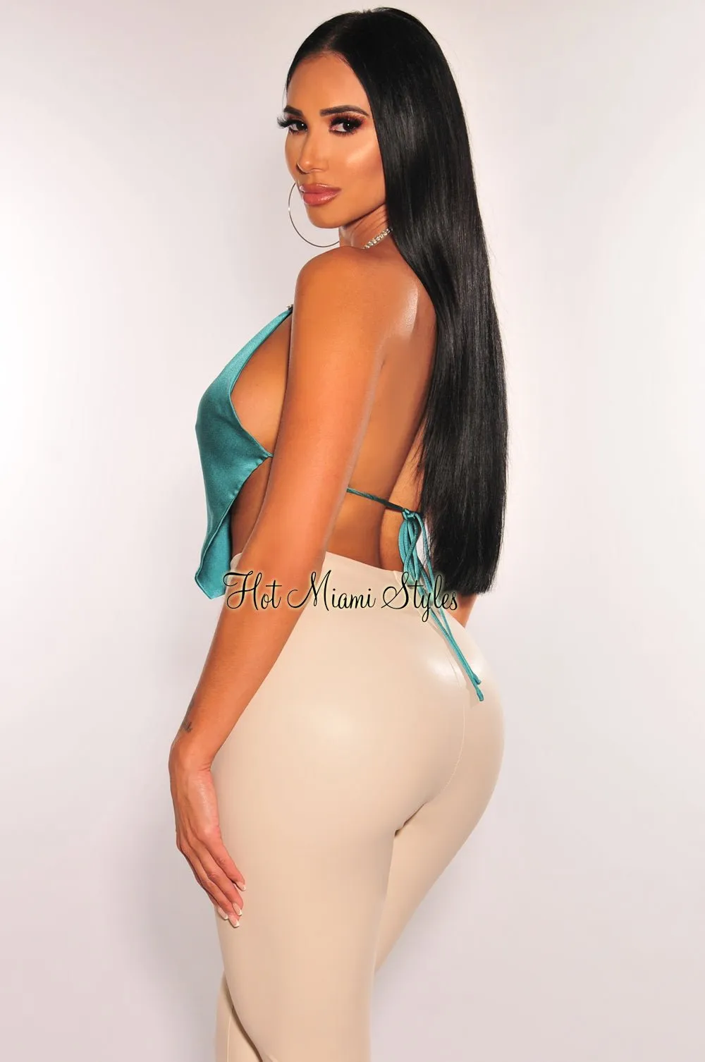 Emerald Silky Rhinestone Halter Draped Tie Up Crop Top sold by Hot Miami Styles product image thumbnail 2
