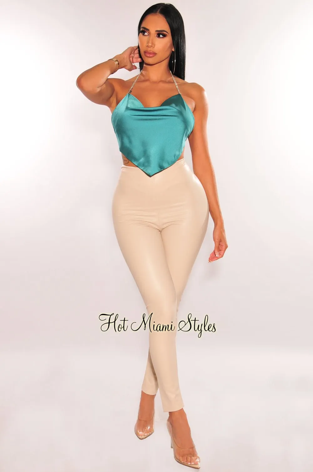 Emerald Silky Rhinestone Halter Draped Tie Up Crop Top sold by Hot Miami Styles product image thumbnail 3