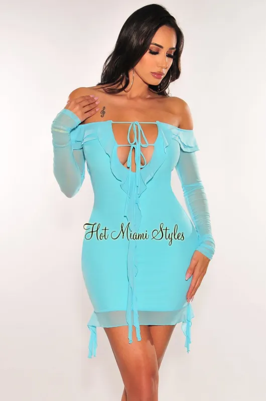 Turquoise Mesh Off Shoulder Tie Up Long Sleeve Ruffle Mini Dress sold by Hot Miami Styles