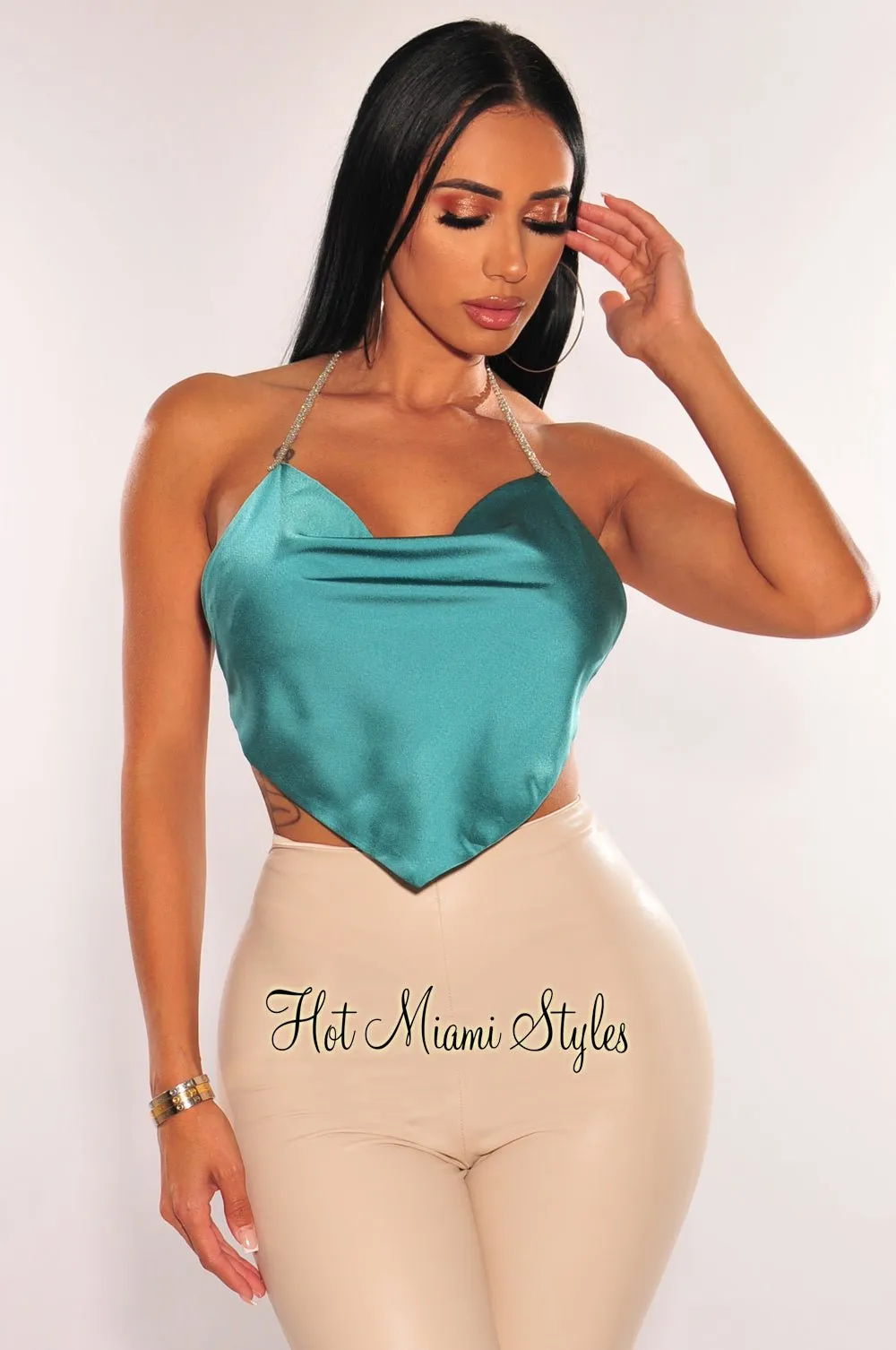 Emerald Silky Rhinestone Halter Draped Tie Up Crop Top sold by Hot Miami Styles