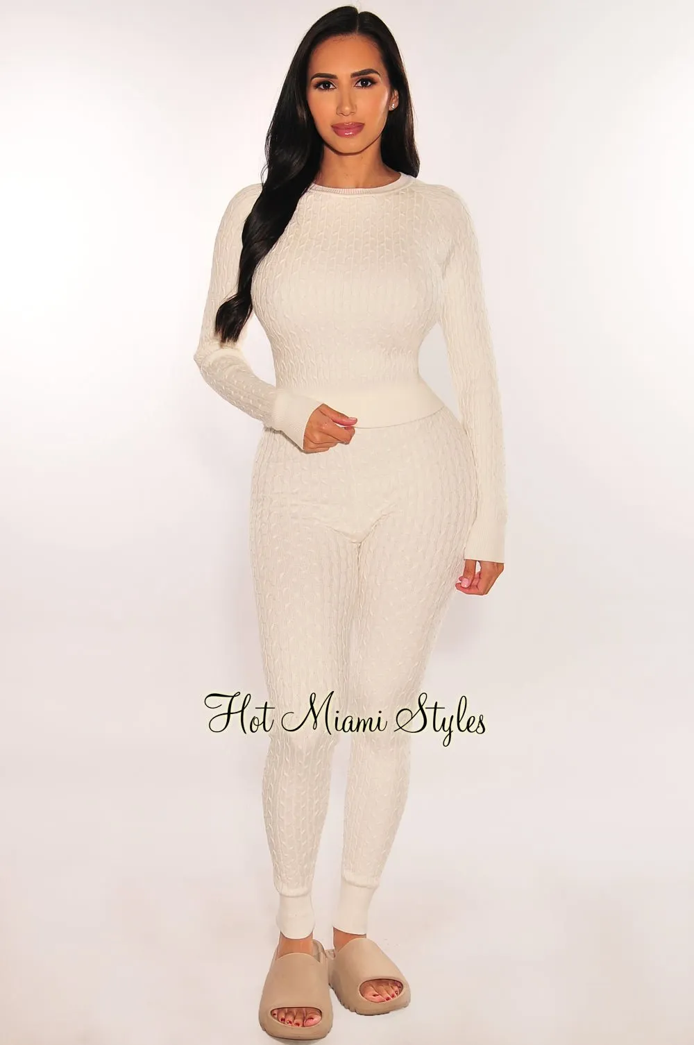 Off White Cable Knit Round Neck Long Sleeve Pants Two Piece Set sold by Hot Miami Styles