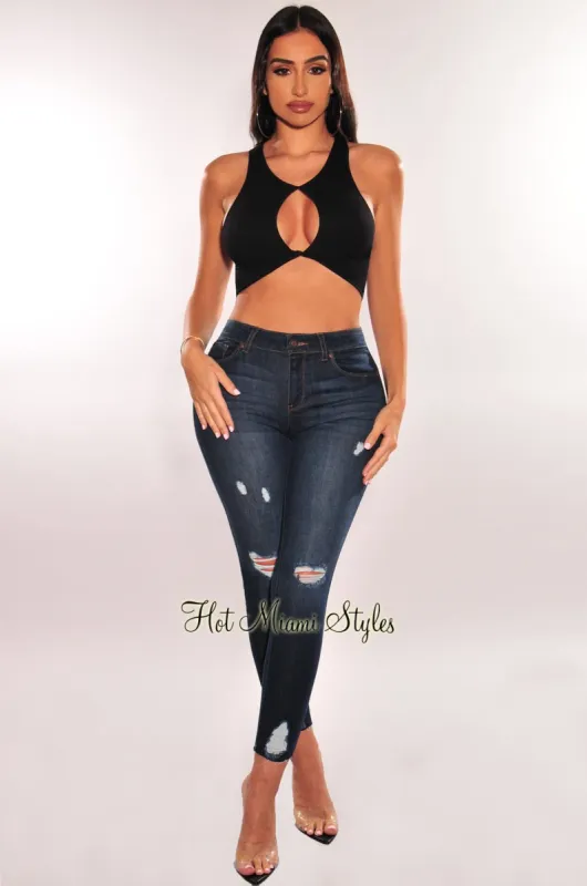 Dark Denim Wash High Waisted Ripped Stretchy Skinny Jeans sold by Hot Miami Styles
